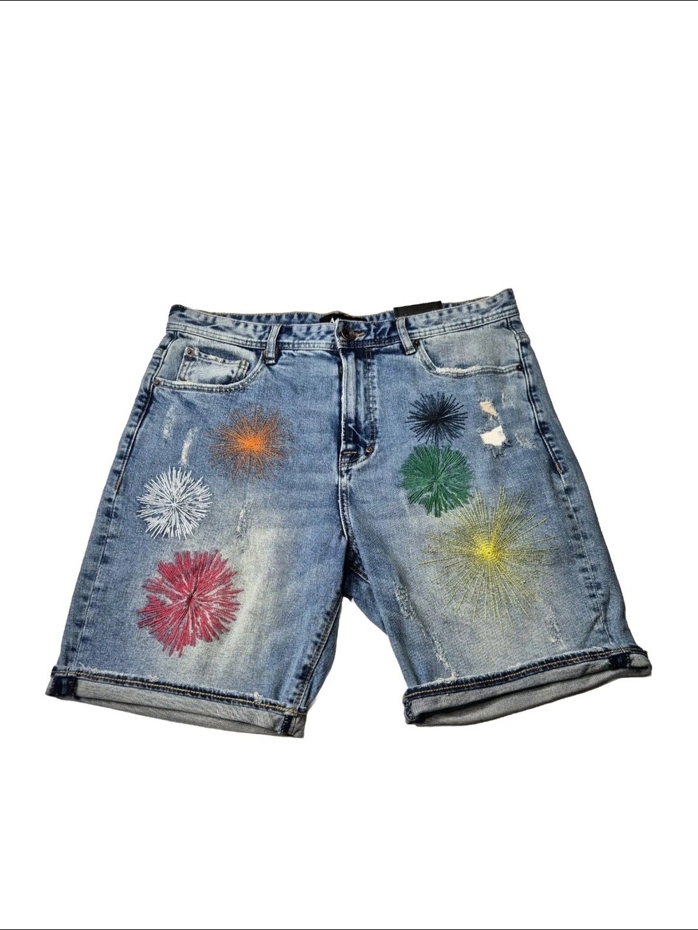 Akoo Men's Shorts Size 34 Kir Royal Shockwave Blue Embroidered Distressed 49